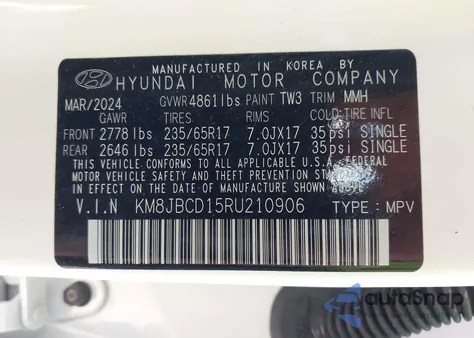 2024 Hyundai Tucson Hybrid Blue z USA, uszkodzony, nr VIN KM8JBCD15RU210906